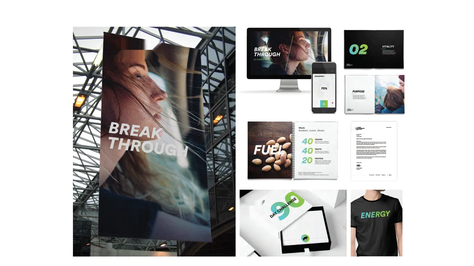 Connecting physical and digital touchpoints. Communications, course materials, digital interfaces, packaging, and apparel carry a shared design direction. Figures shown within the mockups are illustrative design content, not project results.