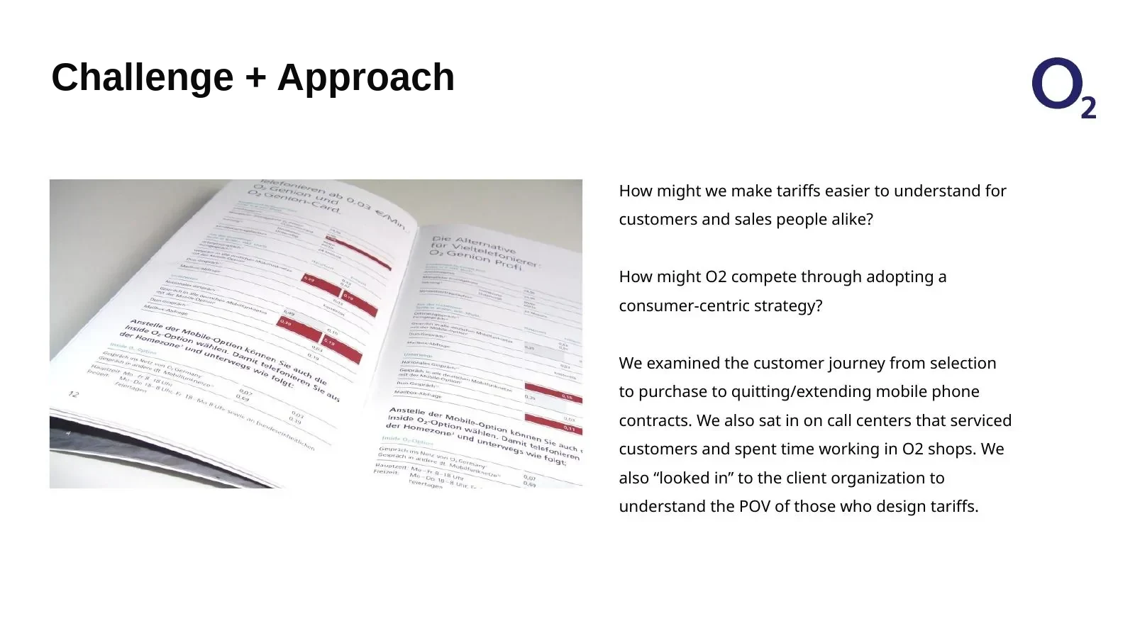 Making tariff complexity visible. We examined contracts alongside the experiences of customers, shop staff, call-center teams, and tariff designers. The challenge was to make tariffs understandable for both customers and salespeople.