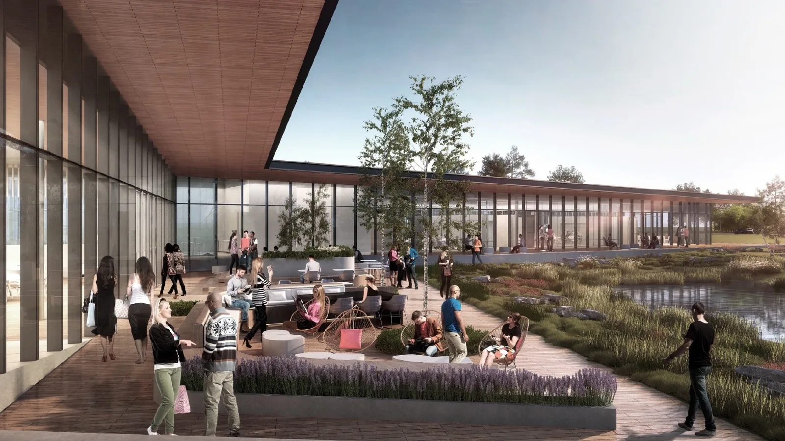 Space for recovery and connection. The outdoor concept provides places to pause and connect between activities. Landscape and shared seating extend the participant experience beyond the classroom.