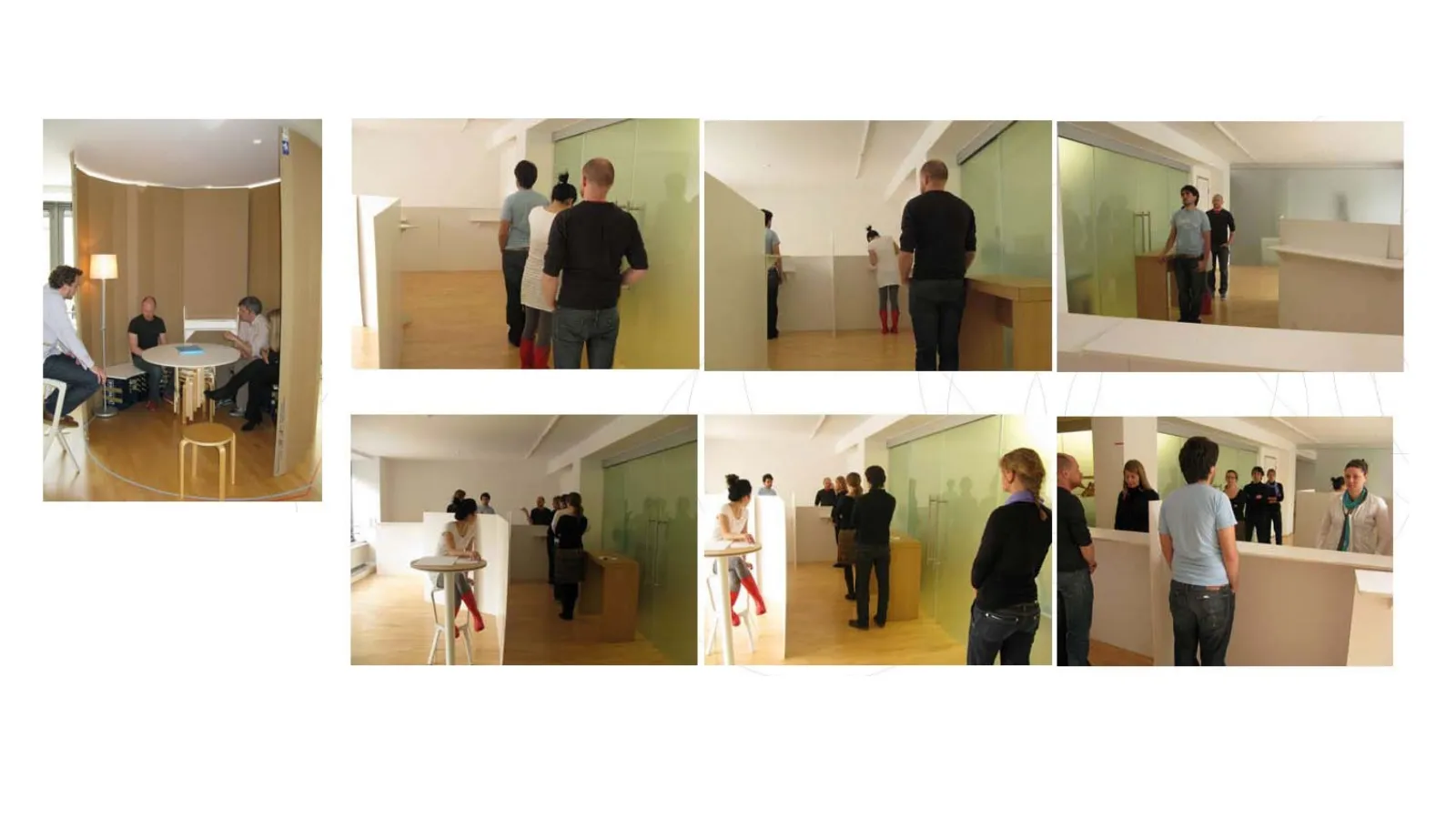 Rapid prototyping and role play. Spaces were prototyped at full scale and tested through role play, the most reliable way to check that a layout creates the behavior we wanted.