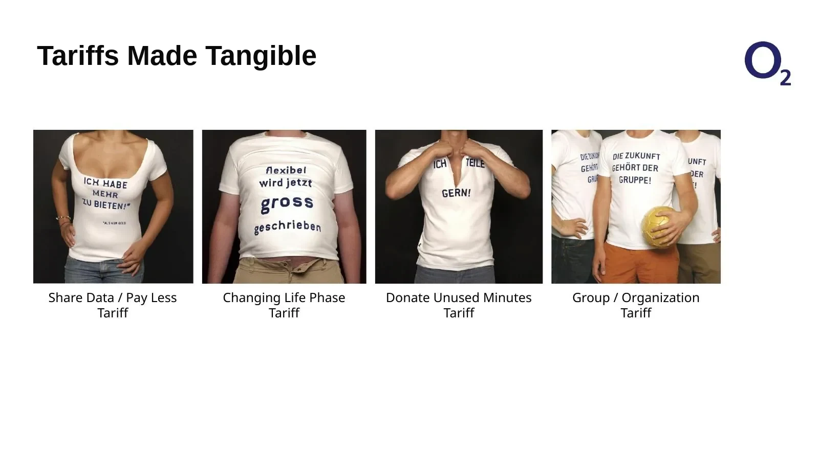 Four more ways to rethink tariffs. Concepts explored sharing data to pay less, adapting to changing life phases, donating unused minutes, and group or organization tariffs. Each used a wearable message to express its central idea.