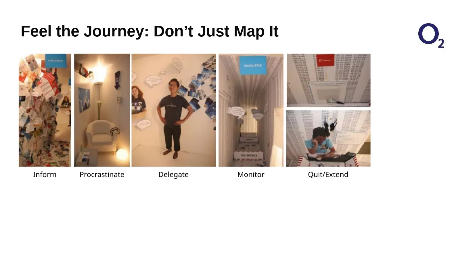 Feeling the journey, not just mapping it. We built an immersive tunnel around informing, procrastinating, delegating, monitoring, and quitting or extending a contract. Walking through those moments made customer frustrations tangible for the client team.
