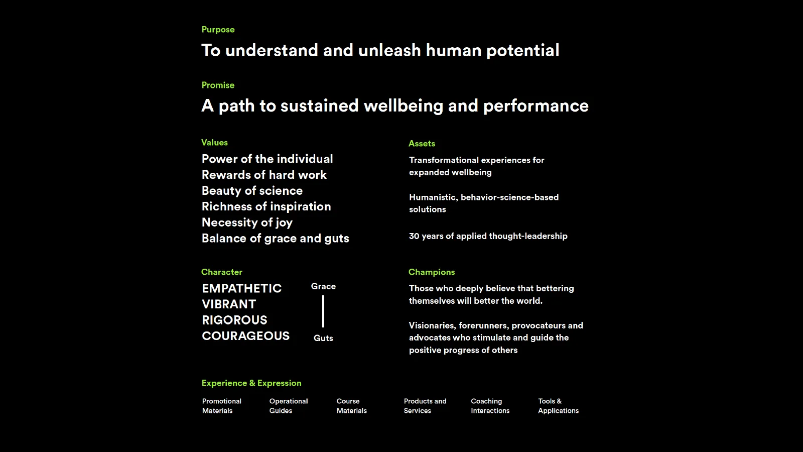 A shared purpose and promise. The platform defines a path to sustained wellbeing and performance. It connects that promise to values, character, and the ways the organization communicates and serves participants.