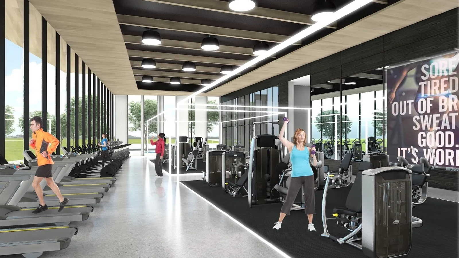 Making physical performance tangible. The training-space concept combines exercise equipment, daylight, and environmental messaging. It shows how the program’s character could be expressed in the setting.