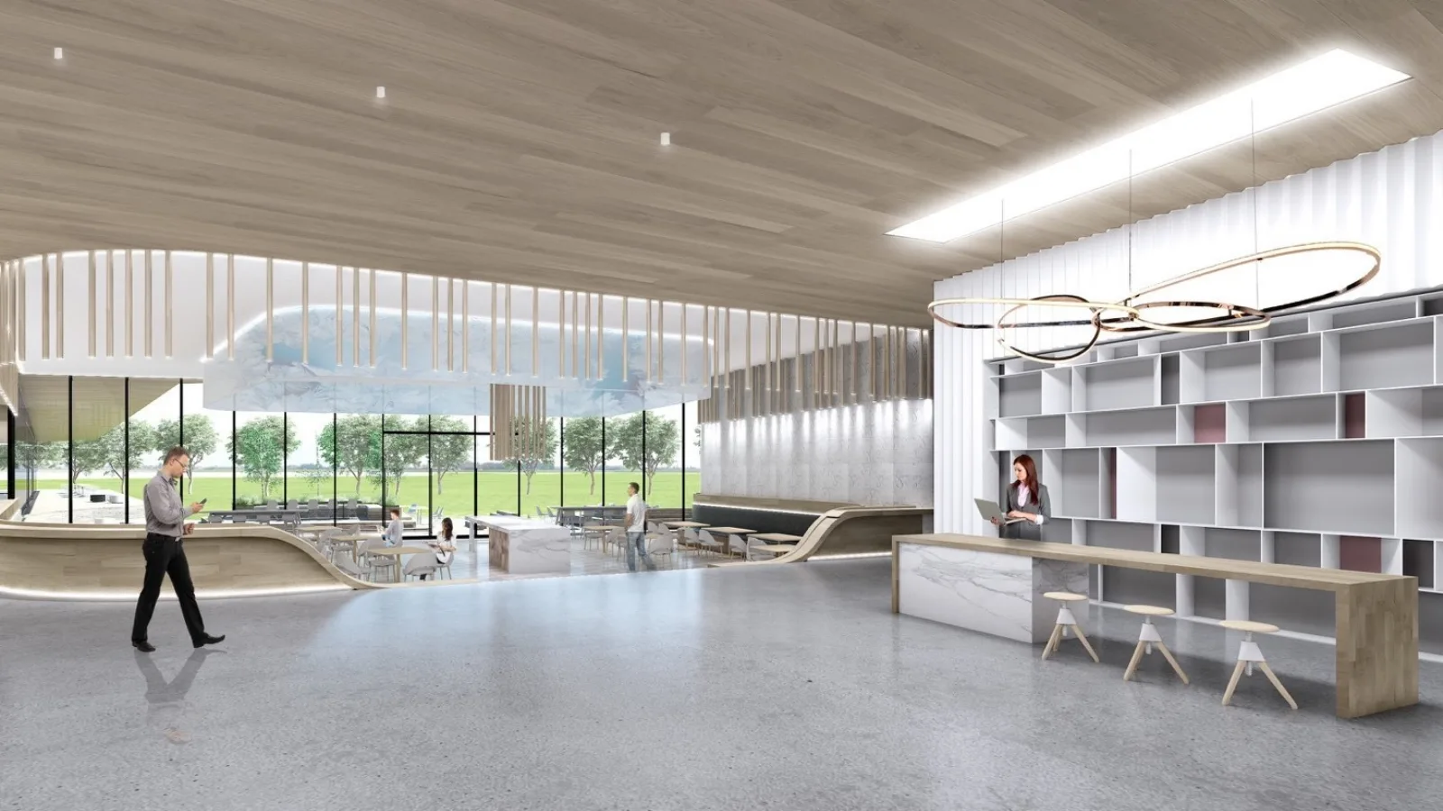 A welcoming arrival and café. This architectural concept brings reception, food, and informal gathering into a shared space. It is a proposed environment, not a photograph of a completed facility.