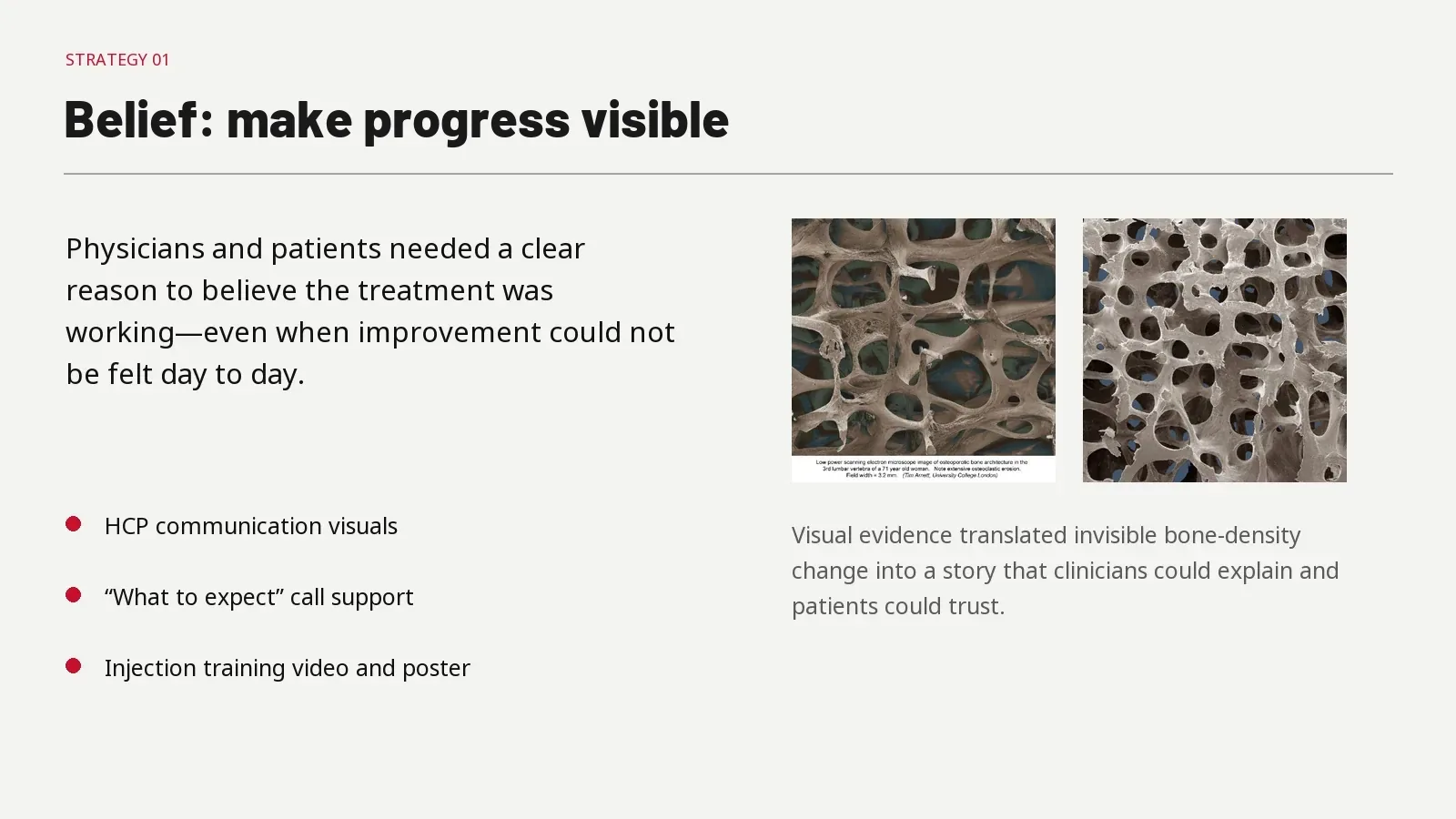 Belief communication tools. Visual evidence and training made treatment progress easier to understand.